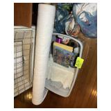 GROUP OF FABRIC, SEWING ITEMS, GIFT BAGS, ETC