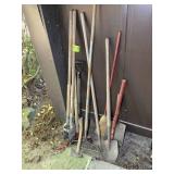 GROUP OF MISC YARD TOOLS, POST HOLD DIGGER, SHOVEL