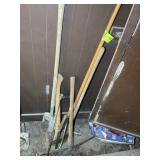 GROUP OF MISC YARD TOOLS, SHOVEL, AXE, PICK AXE, E