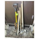 GROUP OF MISC YARD TOOLS, SHOVEL, PICK AXE, AXE, E