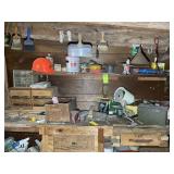 CONTENTS OF SHELVES ON LEFT, AMMO CAN, BOTTLE JACK