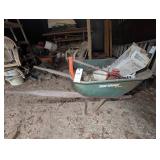 TRUE TEMPER WHEEL BARROW WITH CONTETNS, SAW, LANTE