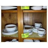 SHELF WITH CORELLE DISHES, OLD TOWN BLUE PATTERN,