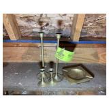GROUP OF BRASS COLOR CANDLE HOLDERS AND ASHTRAYS