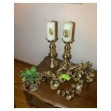 GROUP OF GOLD COLOR CANDLE HOLDERS AND WALL ART