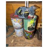GROUP OF TINS, CANDLES, DOLL STANDS