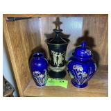 GROUP OF DECORATIVE VASES, TWO WITH LIDS, 6 IN TO