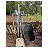 GROU OF MISC YARD TOOLS, SHOVEL, PITCHFORK, BROOMS