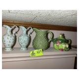 GROUP OF DECORATIVE PITCHERS, ONE FROG THEMED, UP