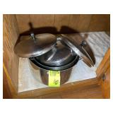 CONTENTS OF CABINET MISC STOCK POTS, SOME WITH LID