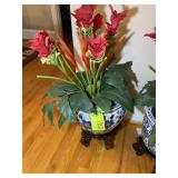 DECORATIVE BLUE FLORAL POT WITH WOODEN STAND 15 IN