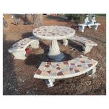 CONCRETE PATIO TABLE WITH 3 MATCHING BENCHES, TOP