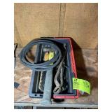 TOOL TOTE WITH MISC TOOLS, HAMMER, SCREW DRIVER, E