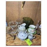 GROUP OF MISC DECORATIVE SERVING PIECES, PITCHERS,