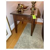ONE DRAWER WOODEN SIDE TABLE, GLASS TOP, 215 IN X