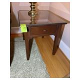 ONE DRAWER WOODEN SIDE TABLE, GLASS TOP, 215 IN X