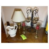 GROUP OF DECORATIVE ITEMS, CANDLES, PICTURE, BRASS