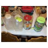 GROUP OF TEA PITCHERS AND GLASS BEVERAGE DISPENCER