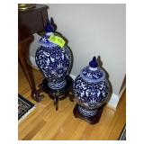 PAIR OF DECORATIVE BLUE AND WHITE LIDDED GINGER JA
