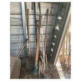 GROUP OF MISC YARD TOOLS, SHOVELS, POST HOLD DIGGE