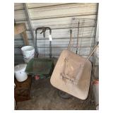 SCOTTS PUSH SPREADER, AND SMALL VINTAGE WHEELBARRO