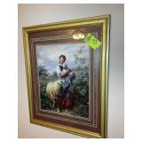 FRAMED AND MATTED PRINT, GIRL WITH LAMB, 26 IN X 3