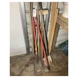 GROUP OF MISC YARD TOOLS, SHOVELS, RAKE, ETC
