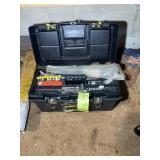 TOOL BOX WITH MISC TOOLS, SOCKETS, BOX KNIFE, ETC