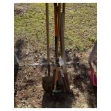 GROUP OF MISC YARD TOOLS, SHOVELS, BUSH AXE, PURNE