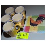 GROUP OF COFFEE MUGS AND ROOSTER THEME CUTTING BOA
