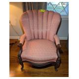 VINTAGE WOOD FRAME UPHOLSTERED WINGBACK ARMCHAIR