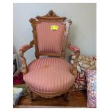VINTAGE ROUND WOOD FRAMED OCCASIONAL CHAIR UPHOLST