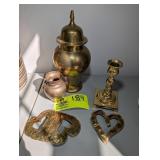 GROUP OF BRASS ITEMS POT CANDLESTICK HOLDER ETC