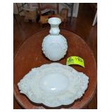 VINTAGE MILK GLASS PLATTER AND DECANTER NO LID