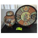 ORIENTAL THEMED GINGER JAR AND DECORATIVE PLATE  I