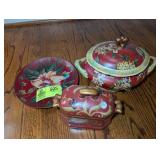 GROUP OF DECORATIVE ITEMS PLATE AND COVERED BOWLS