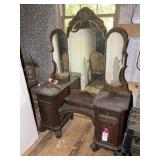 VINTAGE WOODEN VANITY WITH TRIFOLD MIRROR, 52 IN X