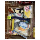 BOX WITH MISC SEWING RELATED ITEMS, YARN, NEEDLES,