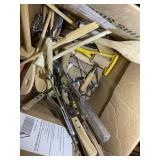 BOX WITH MISC KITCHEN UTENSILS, WOOD SPOONS, KNIVE