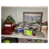 GROUP OF CHRISTMAS THEMED COFFEE MUGS, AND COOKIE