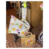 GROUP OF MISC LUGGAGE, ROLLING CART BAG, WICKER BA