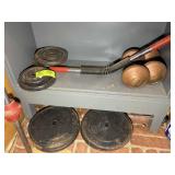 GROUP OF WORK OUT ITEMS, WEIGHTS, WEIGHT BAR, DUMB