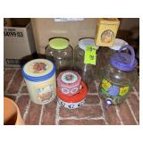 BOX WITH MISC JARS AND DECORATIVE TINS