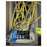 TOTE WITH MISC ITEMS, POWER CORDS, ROPE, LIGHT, ET