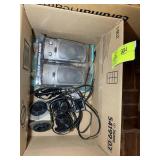 BOX WITH MISC SPEAKERS, SONY HEADPHONES, ETC