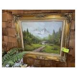 FRAMED OIL ON CANVAS, 31 IN X 27 IN, CABIN AND MOU