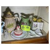 BOTTOM SHELF OF CHINA CABINET INCLUDING, PITCHERS,