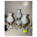 GROUP OF MILK GLASS DECORATIVE LAMPS, ONE HAS BROK