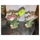 PAIR OF MCCOY DOUBLE TULIP POTTERY VASES, APPROX 8