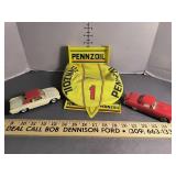 2 Vintage Toy Cars and Pennzoil Race Cap